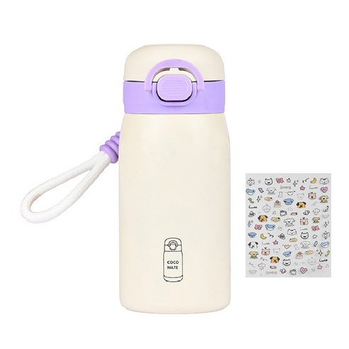 코코메이트 원터치 보온보냉 빨대겸용 텀블러 + 스트랩 + 스티커세트, 1개, 350ml, 퍼플