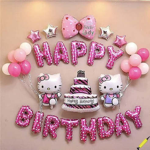 산리오 생일풍선 파티세트 캐릭터 풍선 생일 파티 용품 세트 손펌프 증정, 1세트, 헬로키티