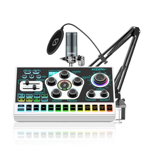 KOORFLY KF-03 방송용 오디오 인터페이스 RGB 사운드카드 노이즈캔슬링 유튜브 48V 마이크 세트, 화이트 (White), [풀세트] KF-03 + 48V 콘덴서 마이크