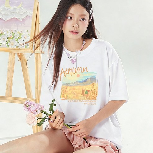 FONOW 여성반팔면티 가족티 트렌드 들판 풍년 프린트 슬랙스 여성티셔츠