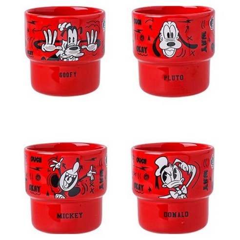 StarR 스태킹 빈티지 캐릭터 머그컵 200ml 4개입 기프트박스 포함, 1세트, 레드