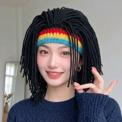 리빙릿 레게 머리 가발 니트 비니모자 파티 코스프레, 1개, 레게 블랙