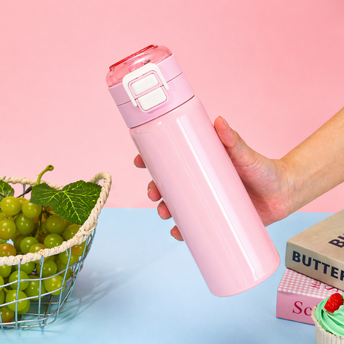 레디박스 스텐 316 고급 2단 원터치 텀블러 보온보냉 빨대포함, 1개, 500ml, 핑크