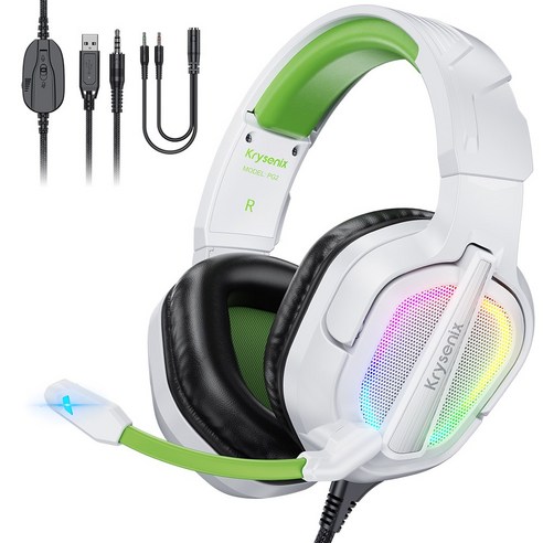 Krysenix PG2 유선 게이밍 헤드셋 PS4 PS5 XBOX 헤드폰 3D 사운드 RGB USB 노이즈 캔슬링 마이크, 화이트 그린