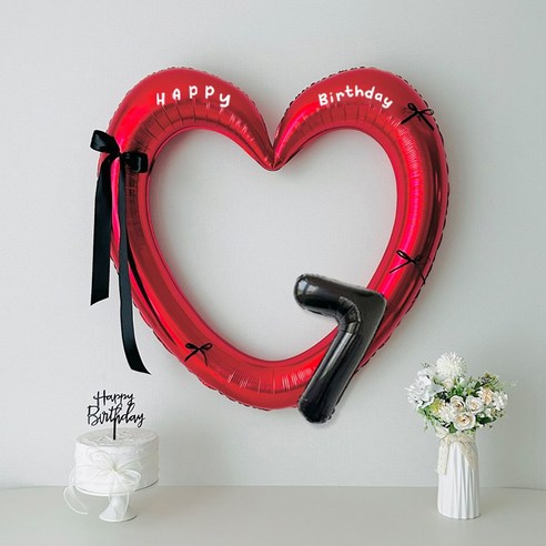 연지마켓 생일 하트프레임풍선 블랙 숫자 생일파티 용품 세트 (자유레터링), 1세트, 레드하트 숫자 7