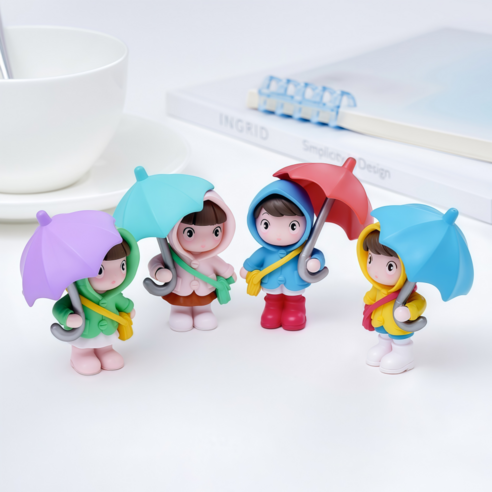 준성유통 미니 우산 소녀인형 피규어 4종 차량 책상 화분 장식 소품, 1세트, 혼합