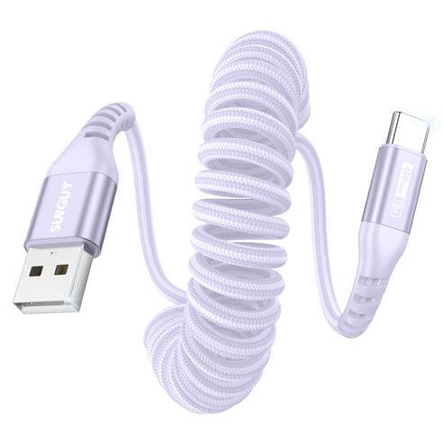 SUNGUY C타입 고속 충전 케이블 코일 스프링 데이터 케이블 자동차용 480Mbps 18W, 퍼플, 1개, 2m