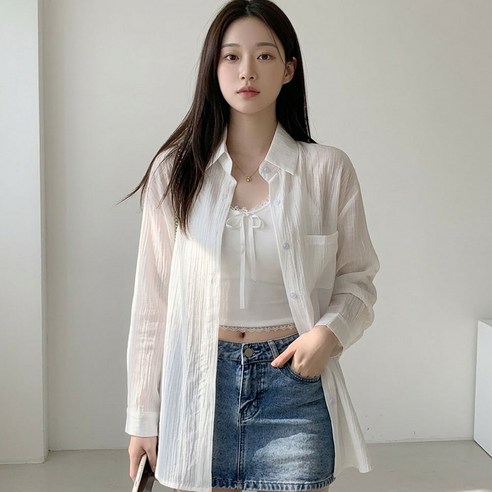 지쥬 자체제작 여성 여름 시스루 셔츠 오버핏 루즈핏 긴팔 여름 데일리 가디건 남방 빅사이즈 캐주얼