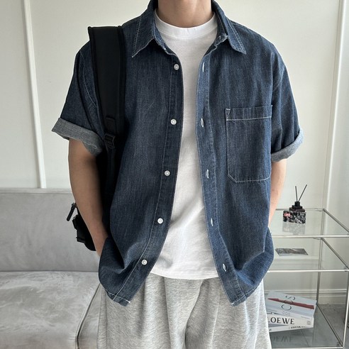 [룩미보이] 논페이드 데님 생지 오버핏 반팔 셔츠 흑청 진청 셋업