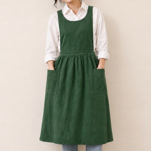 엣모스트 북유럽 린넨 원피스 주방 예쁜 앞치마, 그린, 1개