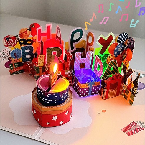 나의셀렉 NEW 360 어디서 봐도 예쁜 LED 멜로디 초를 불면 꺼지고 폭죽 팝업 생일축하카드, NEW신상360LED팝업생일카드, 컬러믹스, 1개
