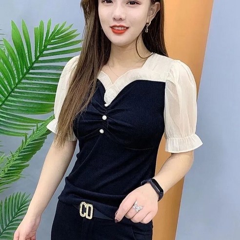빌리즈빈 린넨타이블라우스 여름 여성 브리넥 레이스 퍼프 블라우스 S1106