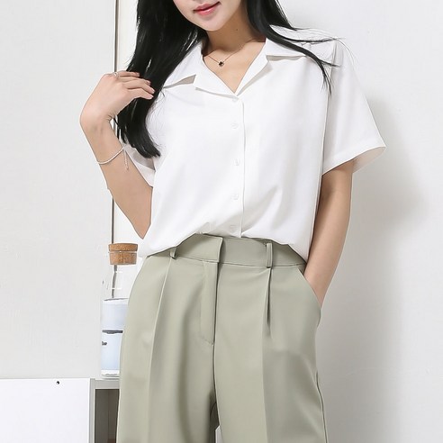 [오버나인] 여성 링클프리 오픈 반팔셔츠 블라우스