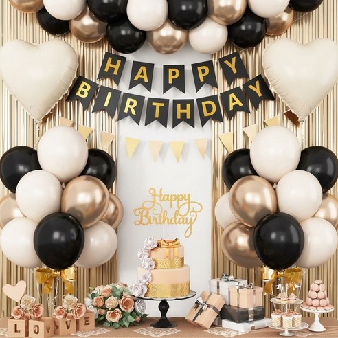 상덕 생일 풍선 세트 풍선 포함 해피벌스데이 배너 파티 장식 홈파티 포토존 데코 풀세트, 1세트, 블랙 골드