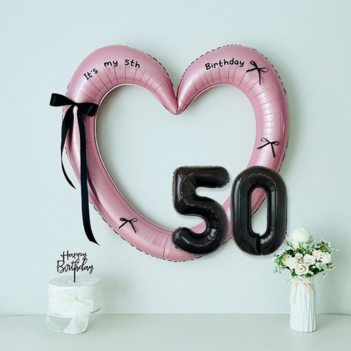 연지마켓 생일 하트프레임풍선 블랙 숫자 생일파티 용품 세트 (자유레터링), 1세트, 핑크하트 숫자 50