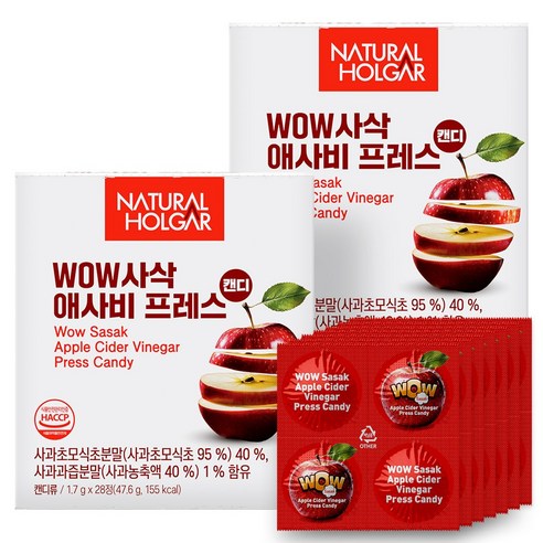 네츄럴올가 유기농 WoW사삭 애사비 캔디 고체 사과식초, 2개, 28정