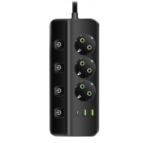 멀티탭 3구 개별 스위치 + USB 2포트 + TYPE-C 1포트 16A 2500W, 1개, 블랙, 1.9m