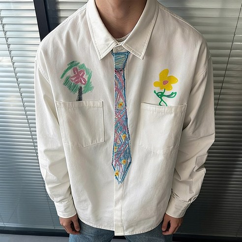 인어미남 남성 봄가을 창의적인 디자인 잔꽃무늬 손그림 루즈핏 셔츠 아우터 상의