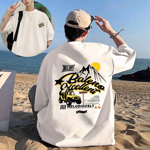 FONOW 반팔면티 순면 100% 남성 루즈핏 반팔 티셔츠 빅사이즈 패션 여성 편안한 통기 여름 캐주얼 라운드 티셔츠 승용차와 풍경 양면 프린트 디자인 빅사이즈여성쇼핑몰