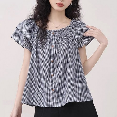 SAHINER 여성 체크 블라우스 반팔 퍼프소매 셔링 봄여름 데일리 ATX86