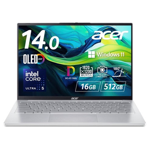 Acer Swift Lite 14 16GB 512GB SSD WUXGA 16:10 OLED Core Ultra 5 115U 1.1kg WiFi 6 5M 메모리, Windows 11 Home 64ビット