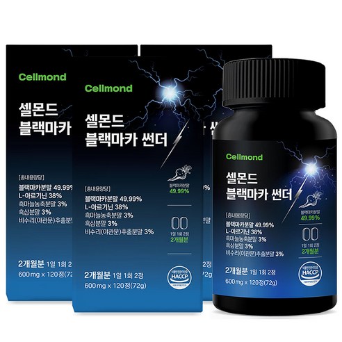 셀몬드 블랙마카 썬더 아르기닌 아연 흑삼 흑마늘 야관문 비수리, 3개, 120정