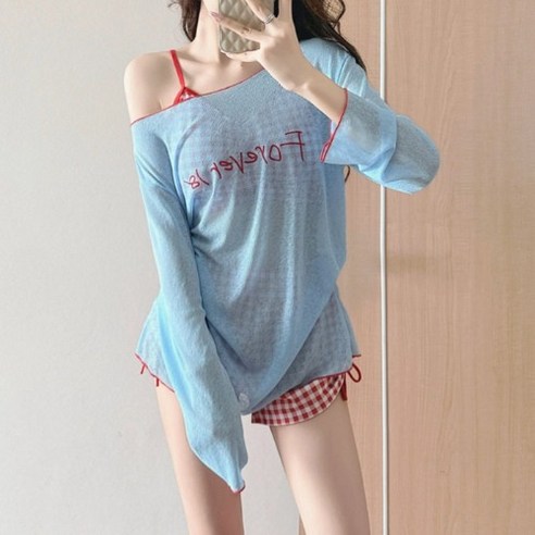 히또리 S2653 쓰리피스 여성 수영복 세트 체크 반바지 비키니 시스루 레터링 티셔츠