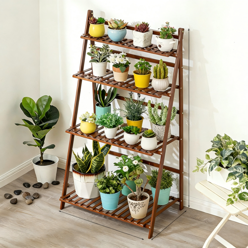쿠리브 원목색 화분받침대 화분 정리대 다용도 수납선반, 4단, 월넛 70cm