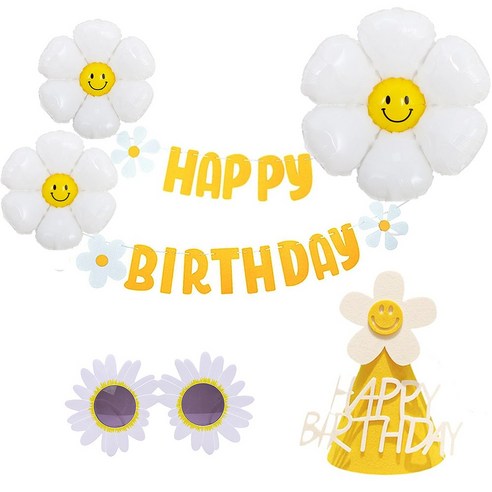 올리브파티 데이지 생일파티 펠트 가랜드 + 풍선 + 모자 + 안경 세트, 옐로우, 1세트