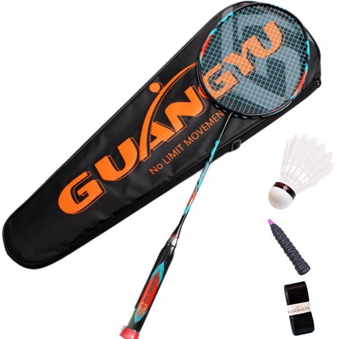 초보자용 풀카본 초경량 8U 64g 배드민턴 라켓 1P+가방1+그립1+라켓 보호 테이프1+셔틀콕1, 1개, 블루+블랙