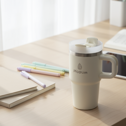 모굼 보온 보냉 대용량 손잡이 스텐 텀블러, 1개, 600ml, 크림화이트