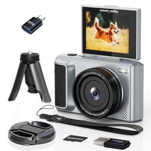 ARNSSIEN 고화질 디지털 카메라 180도 플립 스크린 휴대용 콤팩트 카메라 16배 줌 8GB 메모리카드 Y1, 실버Y1