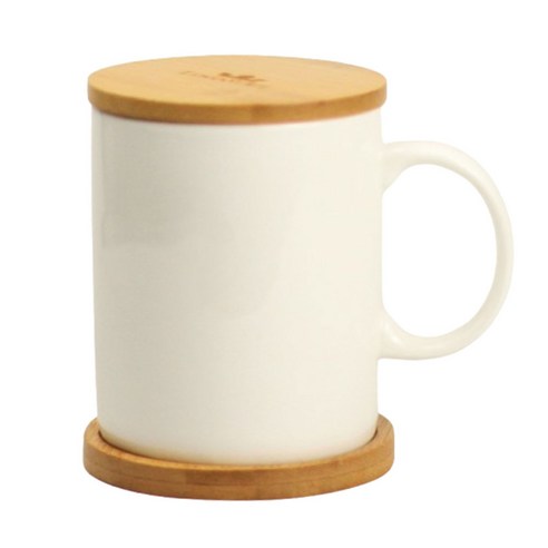 본차이나 도자기 뚜껑 머그컵 나무뚜껑 손잡이 커피 머그잔 400ml, 1개, 화이트