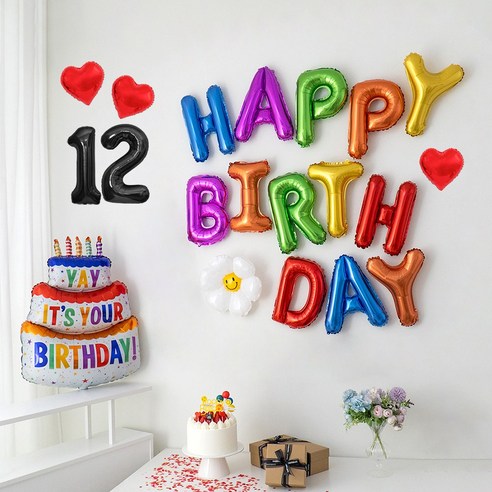 해피제이니 생일이벤트 풍선 레터링 가랜드 레인보우 생일 파티용품 세트, 1세트, 레인보우 숫자12