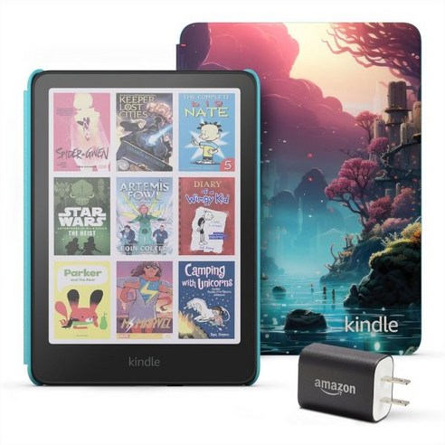 아마존 킨들 Colorsoft Kids Essentials Bundle을 소개 이 번들에는 Kindle 16GB 최초의 컬러 Fantasy River 전원 어댑터가 포함되어 있