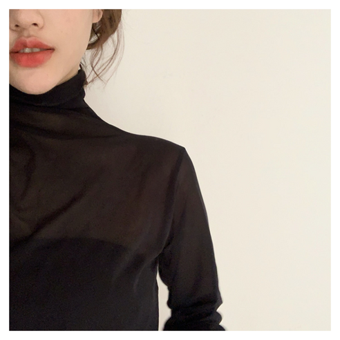 뚱보 시스루 쉬폰 레이스 반폴라 티셔츠