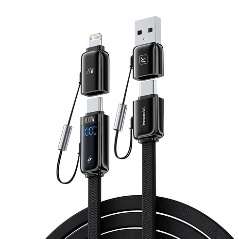 Toocki 4in1 100W 디스플레이 PD 아이폰 호환 라이트닝 C타입 고속충전 케이블, 1개, 블랙, 1.2m
