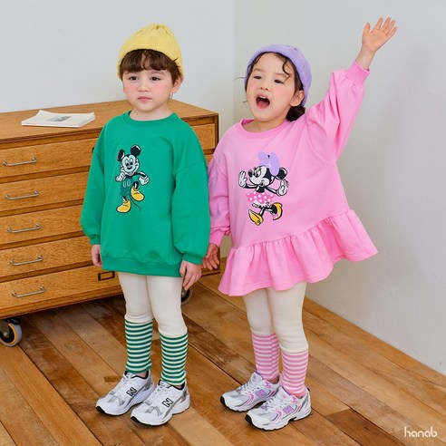 디즈니정품 4컬러 미키프렌즈세트 상하복 유아동 상하세트 키즈 여아 원피스 남아 맨투맨 티셔츠 레깅스 롱티 봄 가을 등원복 하나비