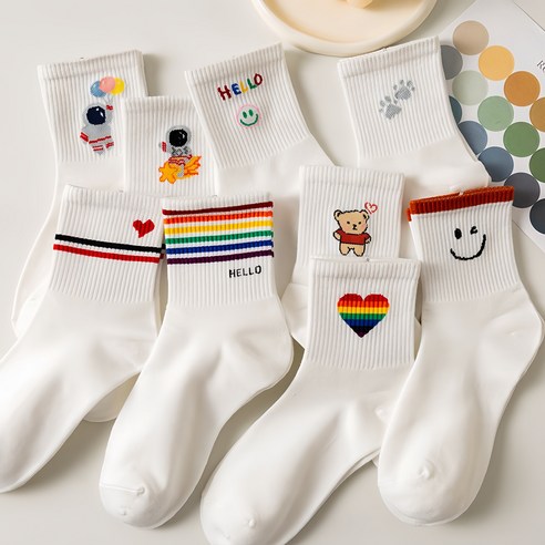쓸리보 여성용 귀여운 중목 화이트 패션 양말 10종 세트