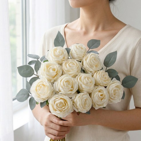 고급 리얼 인공 장미꽃다발 7송이 구성 실감 있는 꽃잎 디자인 영구 보존 실내 인테리어 선물용, 화이트, 1개