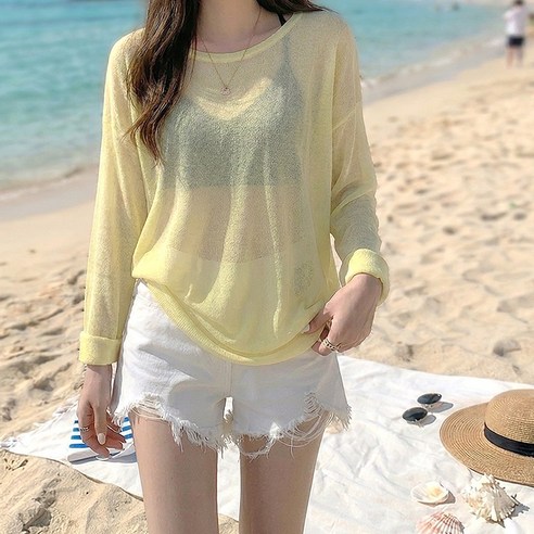 네모엔룩 여리박시시스루 여성 박시핏 시스루 레이어드 살안타템 햇빛가리개 바캉스 자외선차단 비치웨어 커버업 라운드넥 긴소매 니트, 옐로우