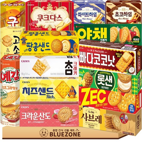 [블루존] 종합 곽과자 15종 세트 빠다코코낫 롯데샌드 야채크래커 제크 고소미 사브레 땅콩샌드 참크래커 크라운산도딸기 치즈샌드 쵸코하임 화이트하임 쿠크다스 화이트 구운감자 예감, 1박스, 혼합