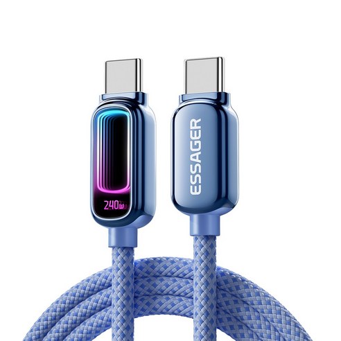 ESSAGER 디스플레이 C-C타입 240W 5A E-Marker 칩 고속 충전 케이블, 블루, 2m
