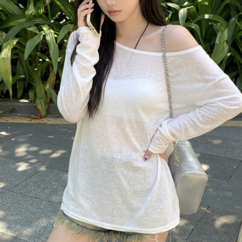 비엠에스 시스루 여리핏 긴팔 티셔츠 루즈핏 레이어드