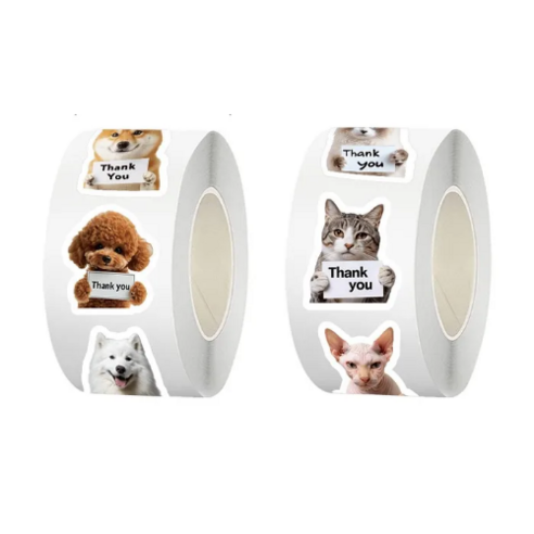 일상채움 귀여운 강아지 고양이 땡큐 롤 스티커 2.5cm 500p 2종 세트, 1세트, 혼합색상