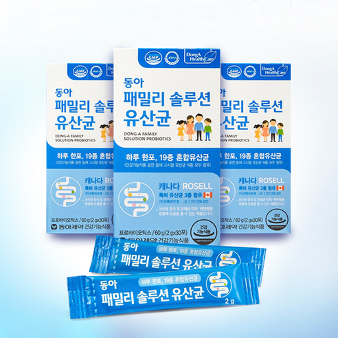동아제약 패밀리 솔루션 캐나다 유산균 19종 온가족 어린이 장건강 프로바이오틱스 90포 3box 3개월분, 60g, 3개 - MCT오일/영양제