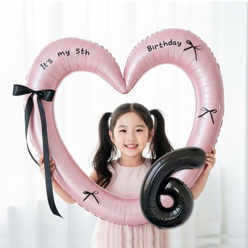 연지마켓 생일 하트프레임풍선 블랙 숫자 생일파티 용품 세트 (자유레터링), 1세트, 핑크하트 숫자 6