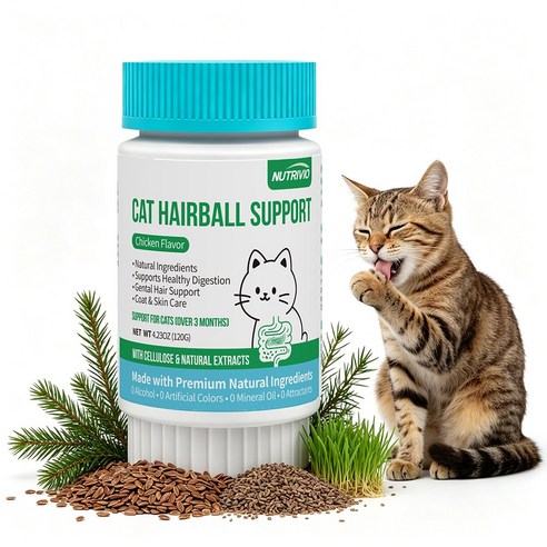 NUTRIVIO 고양이 헤어볼 영양제 천연 식물 성분 식이섬유 헤어볼 완화 제거제 피부 모발 장건강, 1개, 헤어볼+장건강, 120g