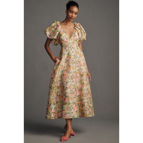 Lovaan Lorna Puff-Sleeve V-Neck Linen-Silk Maxi Dress -  |