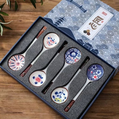 Qiaokao 핸드 페인팅 세라믹 스푼 6개입, 1개, 숟가락, 혼합색상